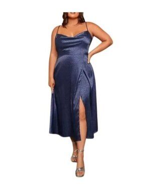 Shein Belle Curve Midi Dress Size 3XL New Blue Cheetah Print Shiny Formal